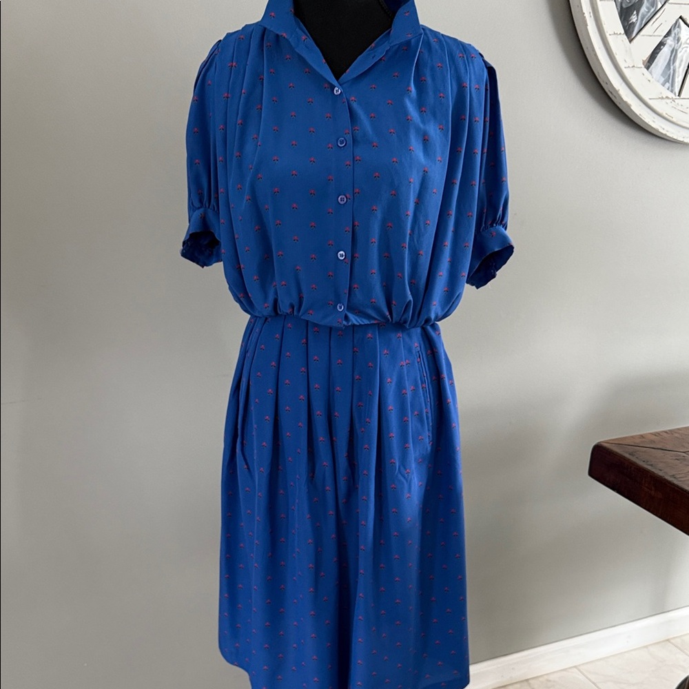 Vintage Liz Claiborne Blue Midi 2-piece Dress with Crop and Skirt Red Accents
